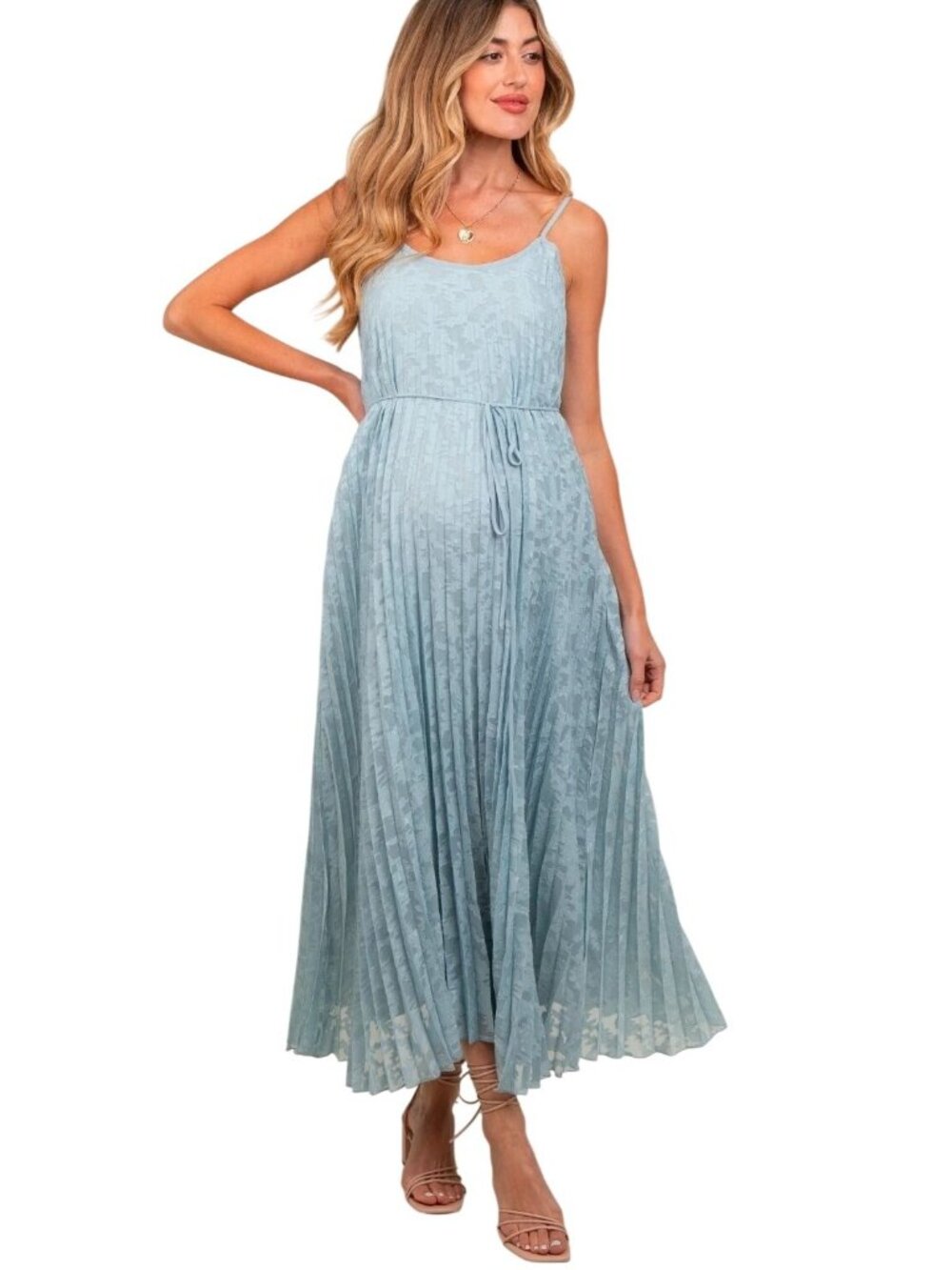 Polagram Maternity Baby Blue Accordian Pleat Silky Jacquard Maxi Dress, Lg